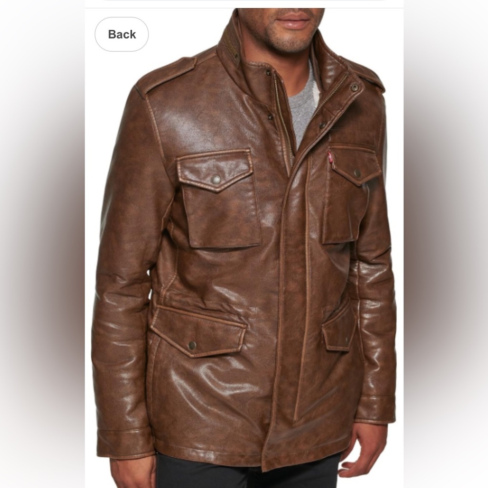 Levi's Men's 4-Pocket Field Military Jacket Large Saddle‎ Faux Leather Sherpa